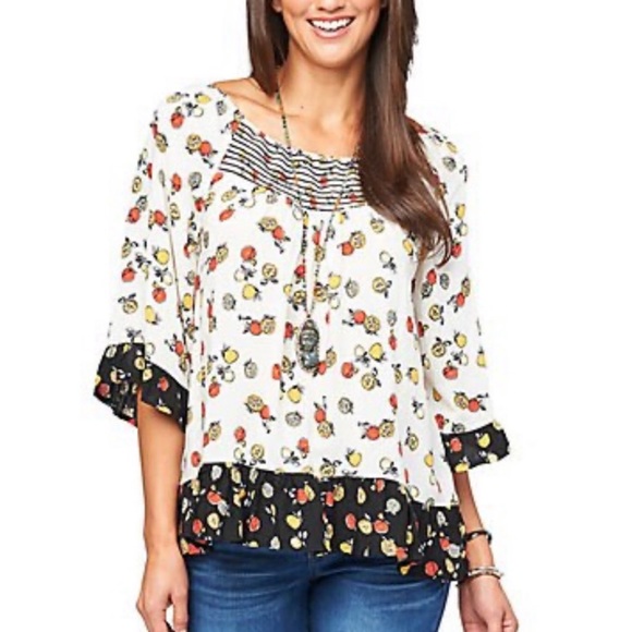 Democracy fruit print off the shoulder blouse smocked neck peasant boho top - Picture 1 of 8